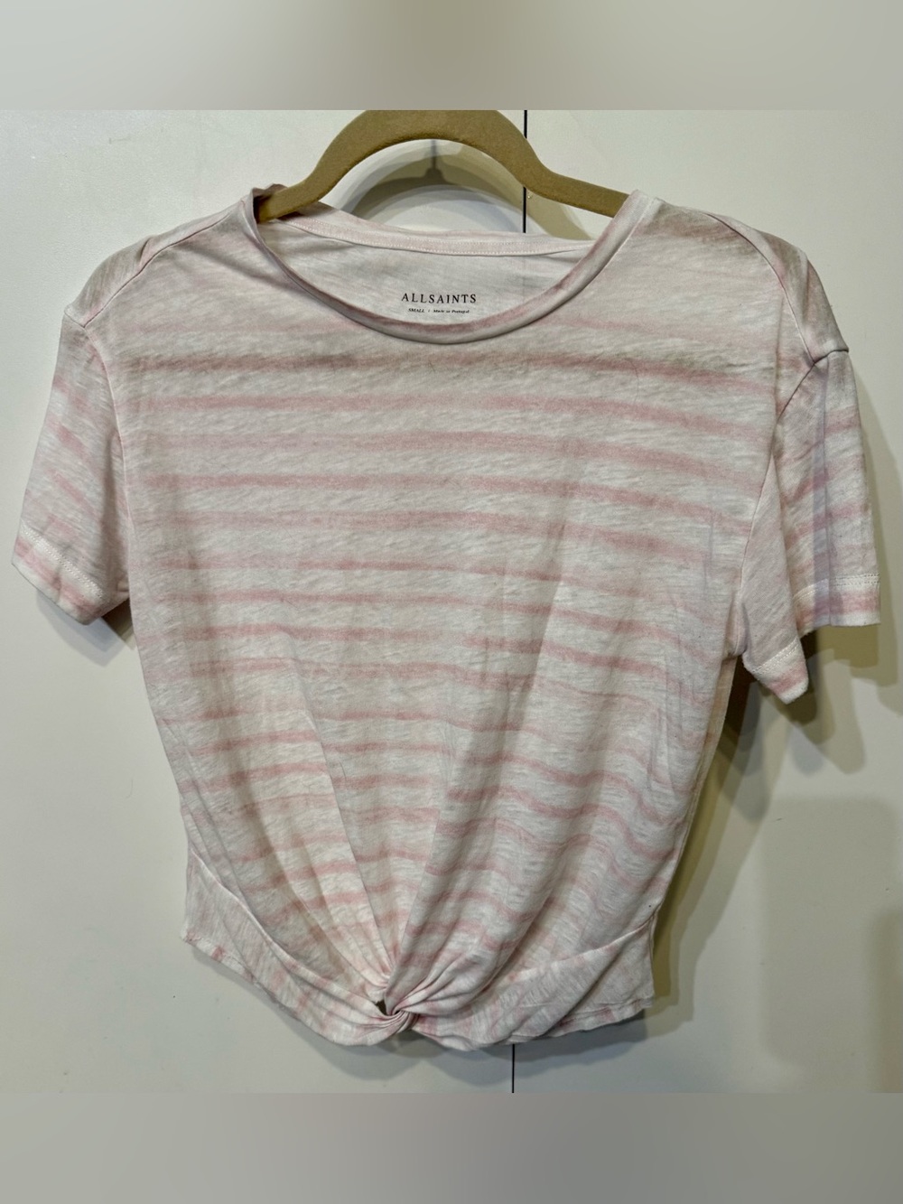 All Saints Pink & White Stripe Knot-Front Short Sleeve Tee
